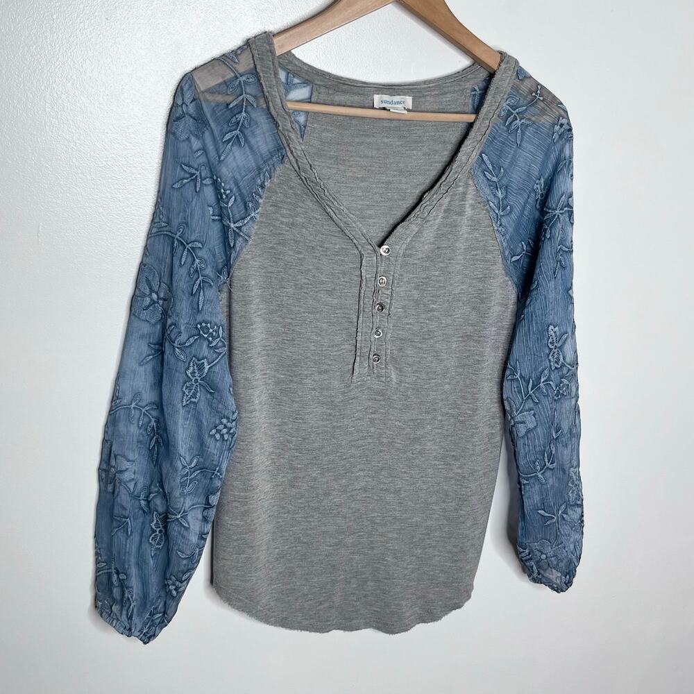 Sundance Embroidered Floral Mesh Sleeve Henley Top Gray Blue XS Boho Romantic - Picture 3 of 8